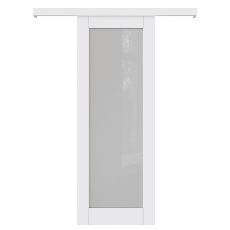 80" Hidden Style Track White Primed 1-Lite Frosted Glass Sliding Barn Door With Hardware Kit（No Assembly Required）, 32" x 80"