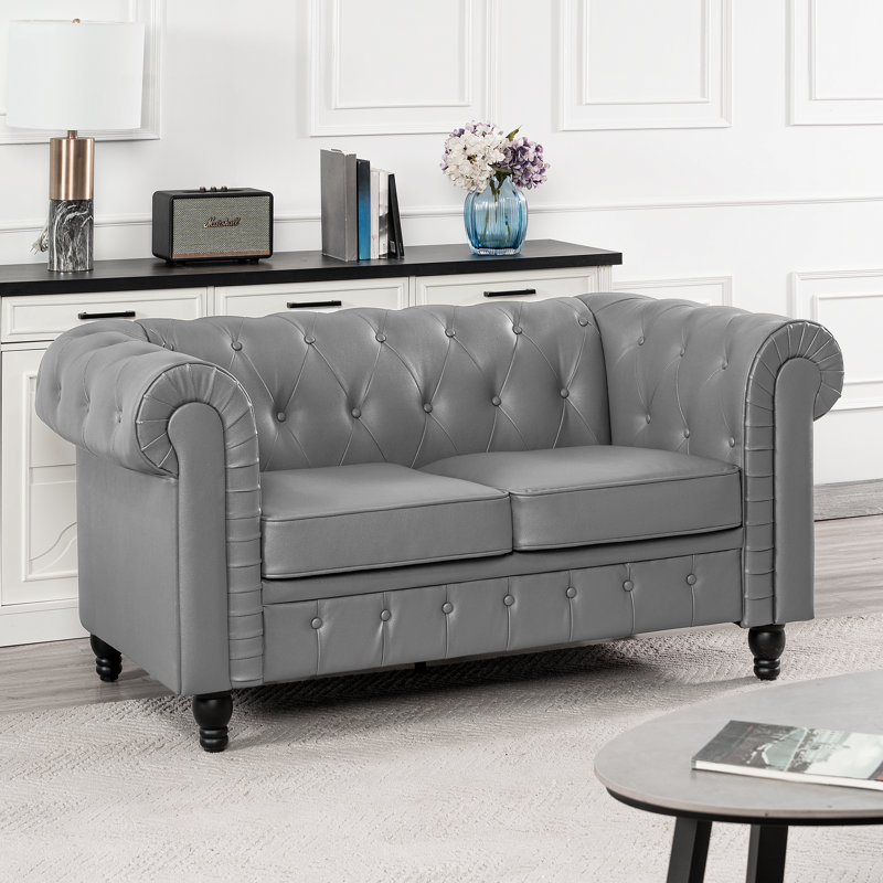 Sanor Modern Leather Chesterfield Loveseat – Button Tufted Sofa Couch with Arms for Living Room, Gray