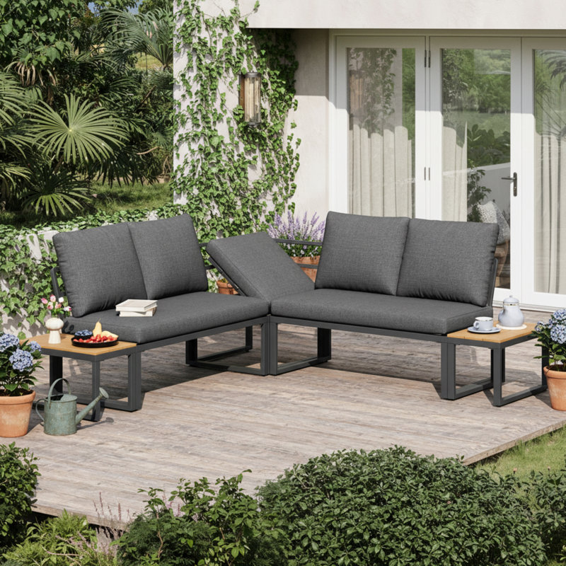 Grey Linen 4-5 Seater Garden Outdoor Set With Flexibly Convertible Plastic Wood Tables, Adjustable Corner Sofa And Lounge Chair Patio Furniture