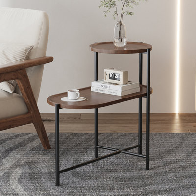 Table basse moderne à 2 niveaux en noyer moderne avec rangement, élégante et fonctionnelle pour le salon ou la chambre à coucher