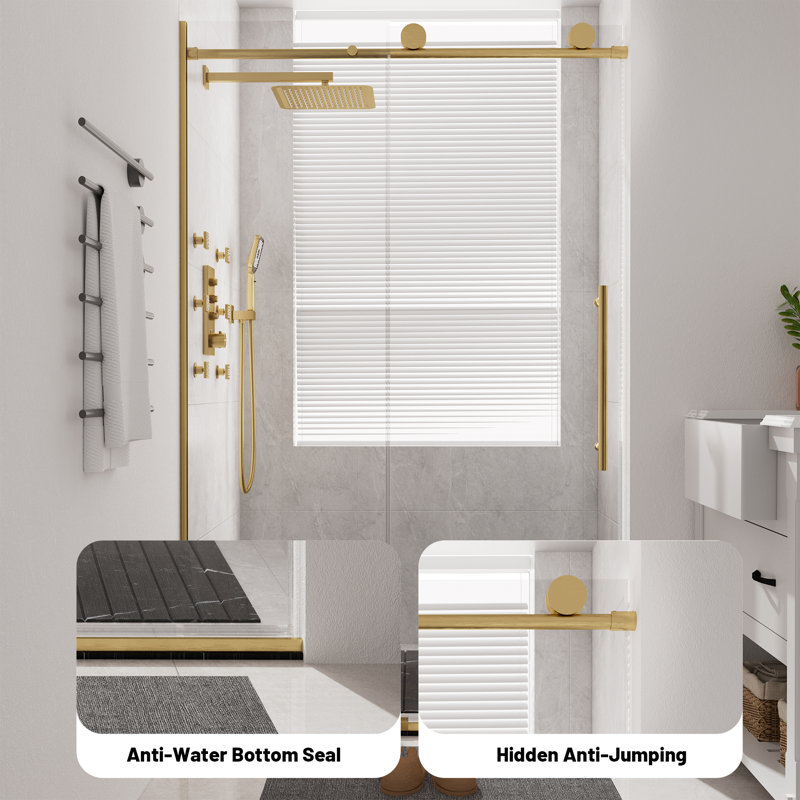 Brushed Gold Frameless Sliding Shower Door with Clear Tempered Glass, 48" x 76"