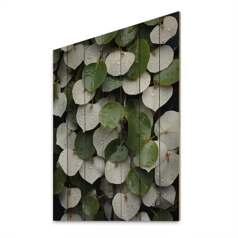 Feuilles vertes et blanches, collage sur bois naturel, H 40 po x l 30 po x P 0,78 po