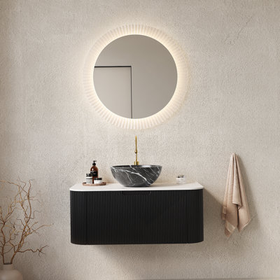 Meuble-lavabo de salle de bain 36 po avec lavabo, armoire de rangement de salle de bain à bords arrondis flottants avec tiroir, cuve en céramique noire avec motif de pierre, couleur noire