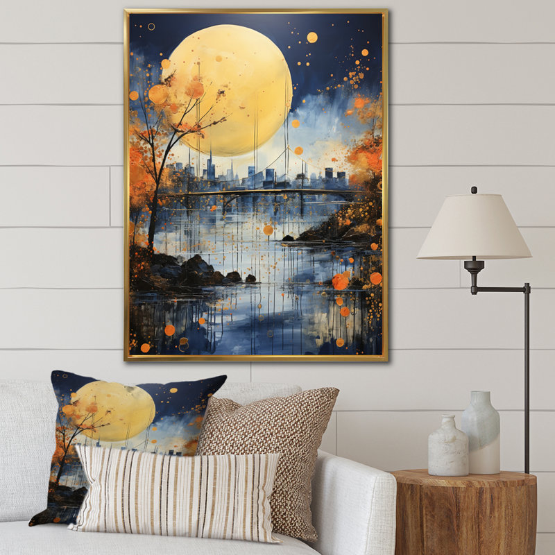 «Yellow Bridge Abstracted Riverine Pointillism I - Cityscapes», reproduction d'art sur toile, H 44 po x l 34 po x P 1,5 po