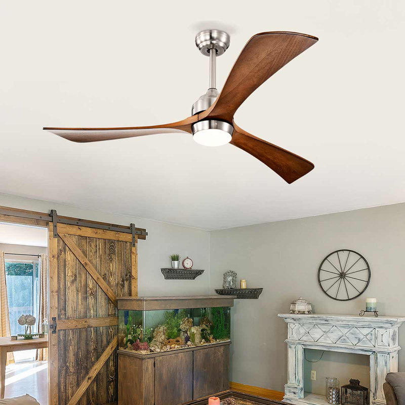 52" Solid Wood DC Motor Blade Ceiling Fan With Light & Remote Control, Nickel, Deep Brown