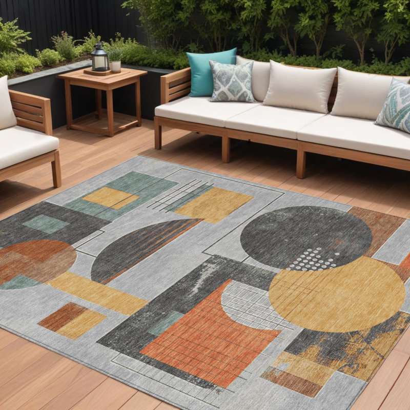 Tapis intérieur lavable à motif géométrique or gris et orange 8 pi x 10 pi