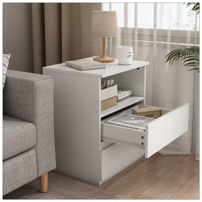 Modern Wood End Table with USB C Charging Station and 2 Drawers for Living Room, Bedroom, and Office