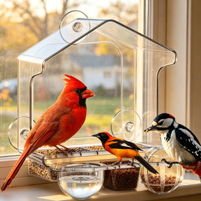 6-In-1 Window Bird Feeder With Strong Suction Cups, All-In-One Feeder For Bird Seed, Suet Ball, Mealworm, Oriole Fruit, Jam And Water, Shatterproof Clear Polycarbonate, Easy To Clean Removable Trays