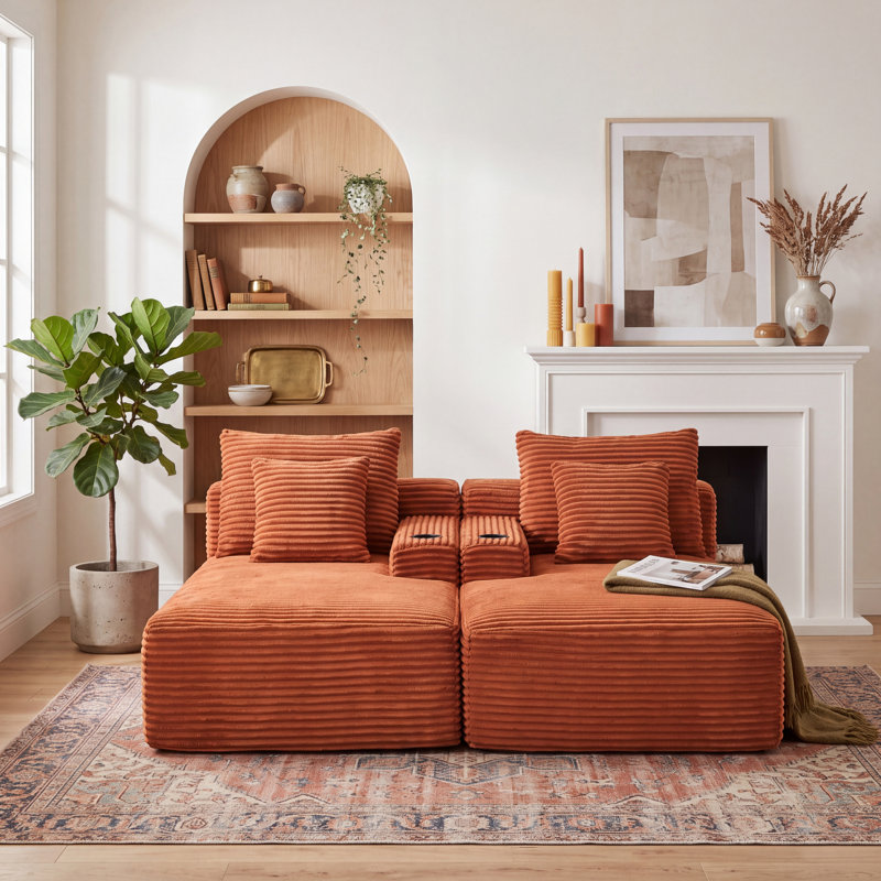 Canapé modulaire modulaire en velours côtelé avec assise profonde, porte-gobelets et poches de rangement latérales, sans assemblage