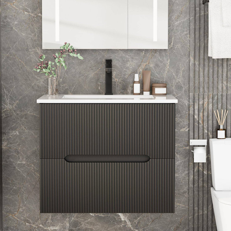 Ensemble de meuble-lavabo mural 24 po avec lavabo en céramique - ensemble d'armoires flottantes avec tiroirs à fermeture en douceur, robinet et bonde escamotable au fini noir