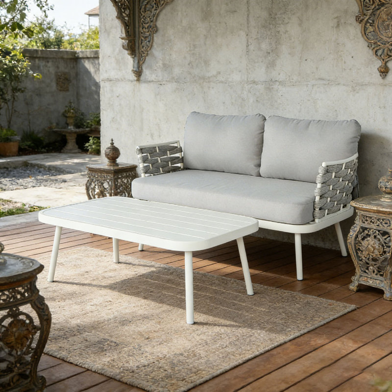 Causeuse et table en acier, Blanc cassé + gris