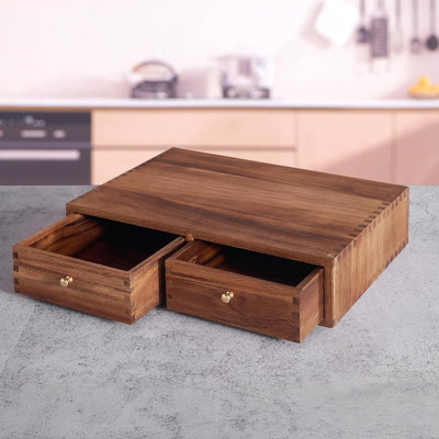 Tiroir de rangement en K en bois d'acacia, boîte à café et boîte de rangement pour le thé avec coussin antidérapant, capacité de 30 capsules sous la cafetière, support de station de comptoir