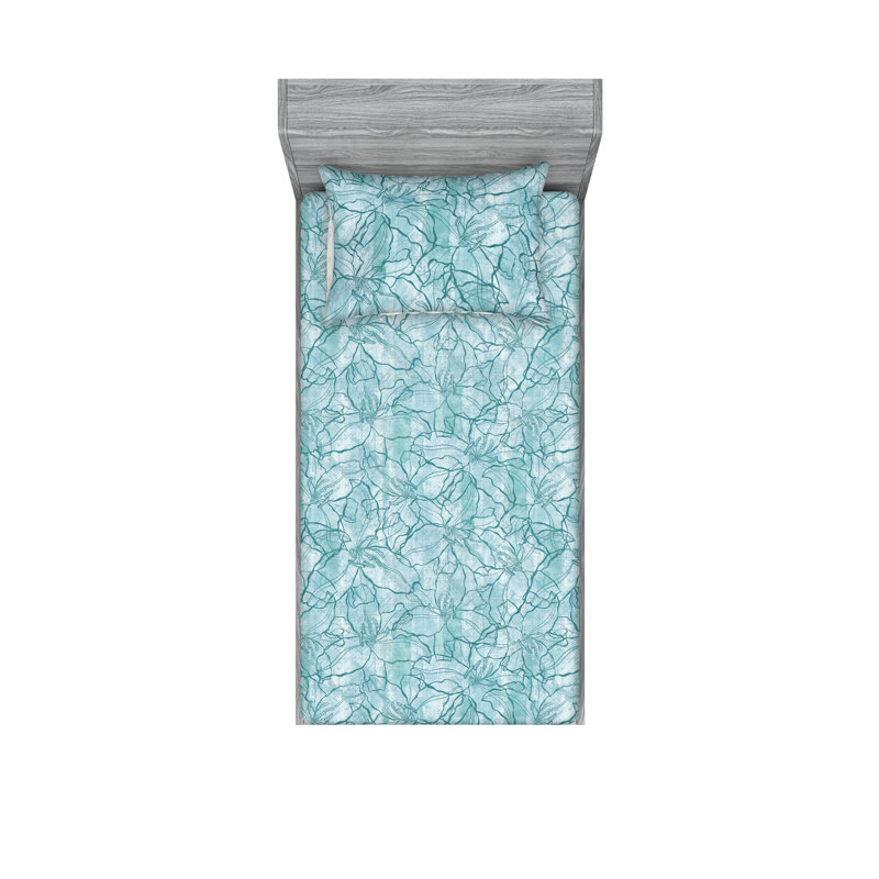 Drap-housse et taies décoratives 3 pièces Ambesonne, Écume de mer, bleu pâle / floral