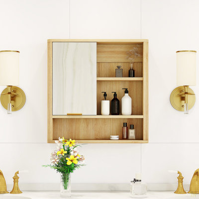 Wall Mounted Mirror Cabinet, MDF Bathroom Storage Organizer With Open Shelves & Single Door For Bathroom, Vanity, Laundry Room