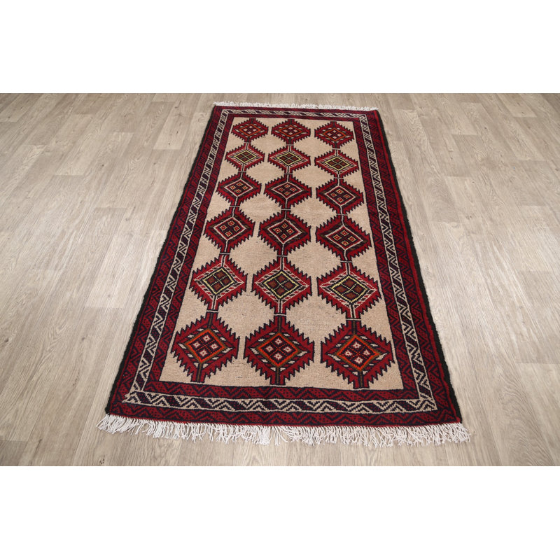 Tapis décoratif en laine de conception unique noué à la main New Age Balouch Ivoire 3 pi 3 po x 6 pi 1 po Bedirhan