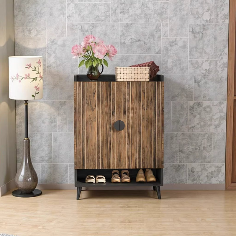 Rustic Brown & Black Vintage Shoe Cabinet with 7-Tier Storage, 28.76" W x 14.58" D x 43.34" H Metal & Particle Board Entryway Organizer