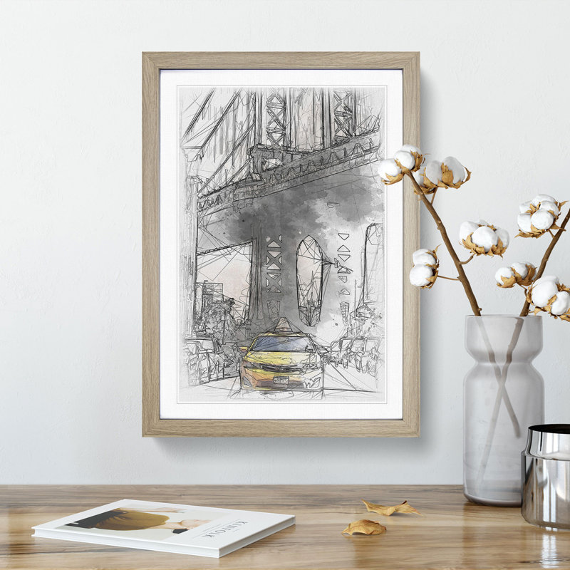 Yellow Taxi Cab in New York City - Picture Frame Painting Print, 87cm H x 62cm W x 2cm D, Oak Framed