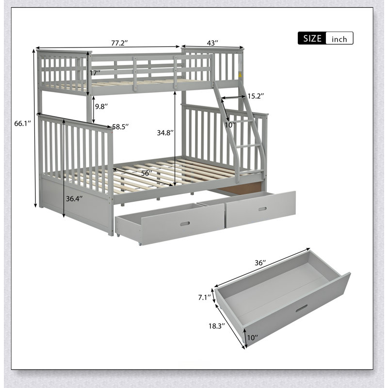 Twin Over Full Bunk Bed With Storage Drawers, Wooden Bunk Bed With Ladder And Safety Guard Rails, Gray
