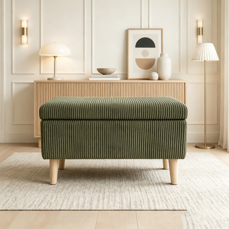 Banc de rangement en velours côtelé 32 pouces avec compartiment rabattable et pieds en bois massif, Green