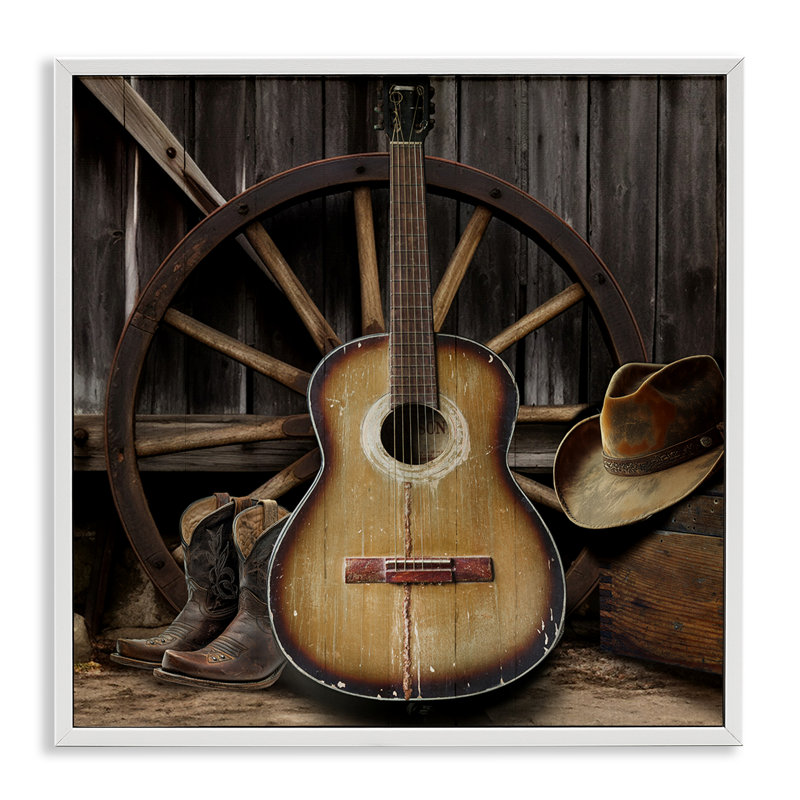 «Rustic Western Guitare», par CAD Designs, Encadrement giclée blanc côtier, H 17 po x l 17 po