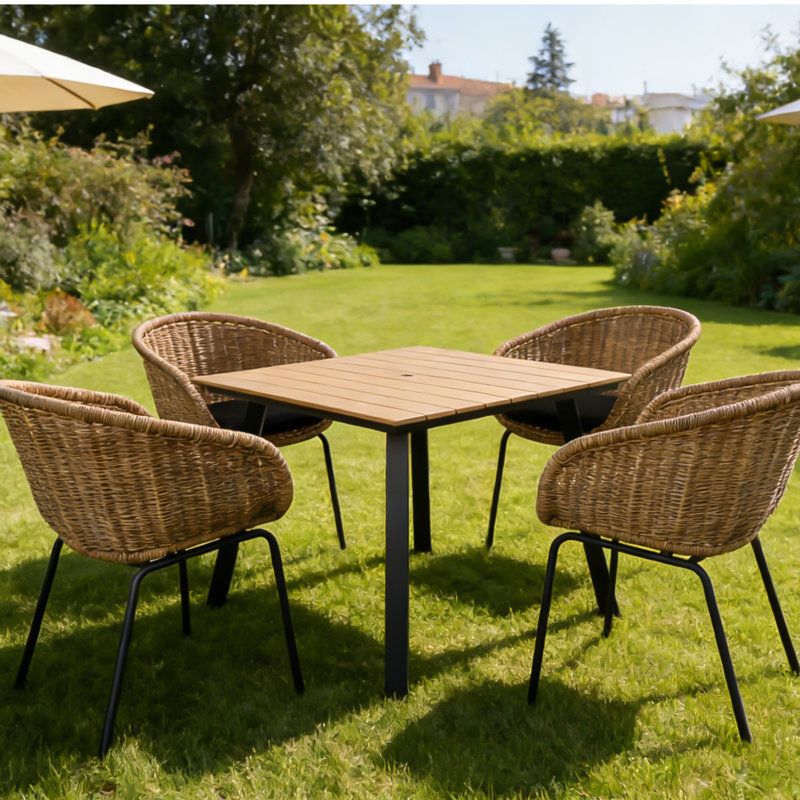 Table de salle à manger de patio carrée 35 po avec trou pour parasol, plateau de table Wpc, Jaune