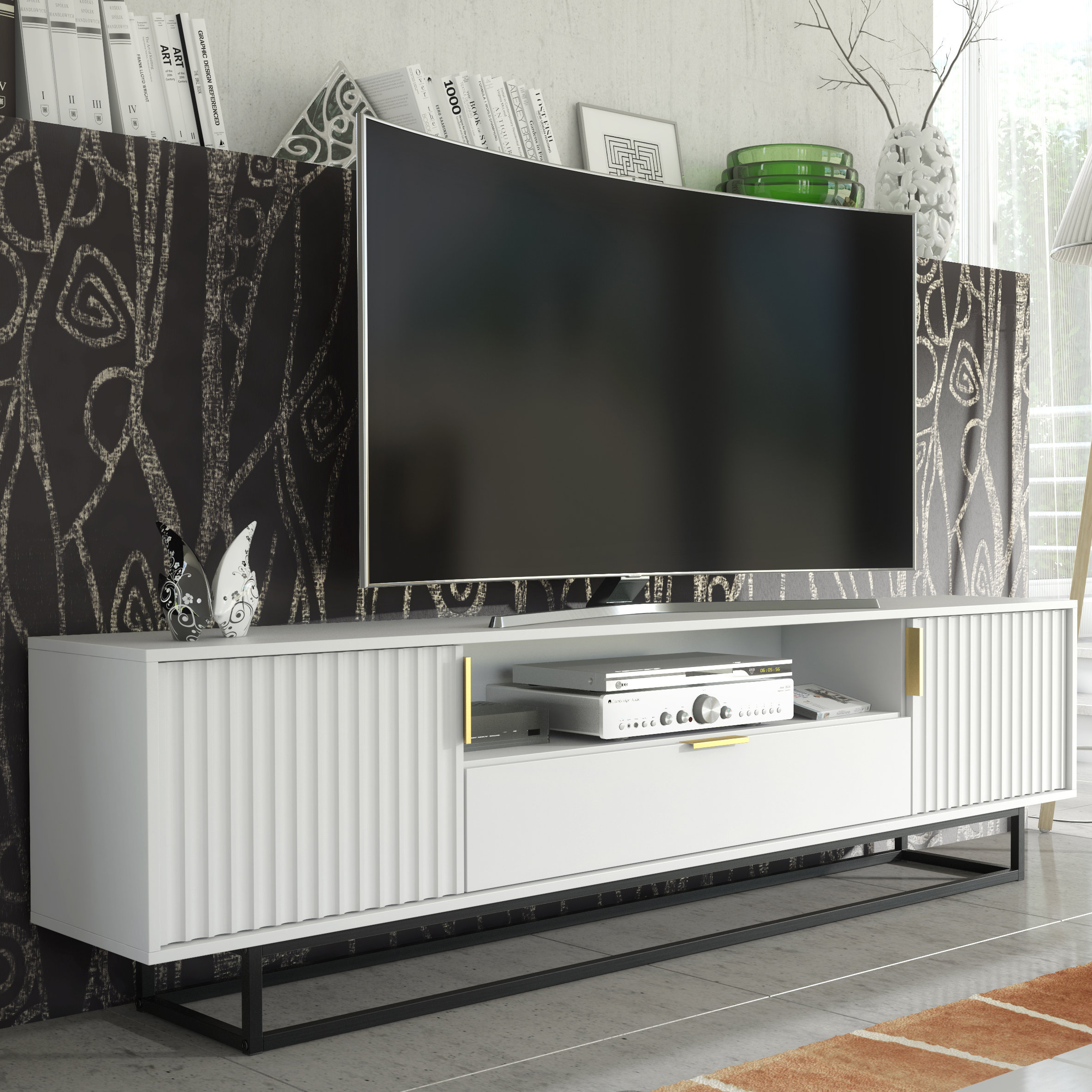 200cm Loft Retro Tv Unit White Vintage Cabinet With Milled Fronts Cupboard Stand