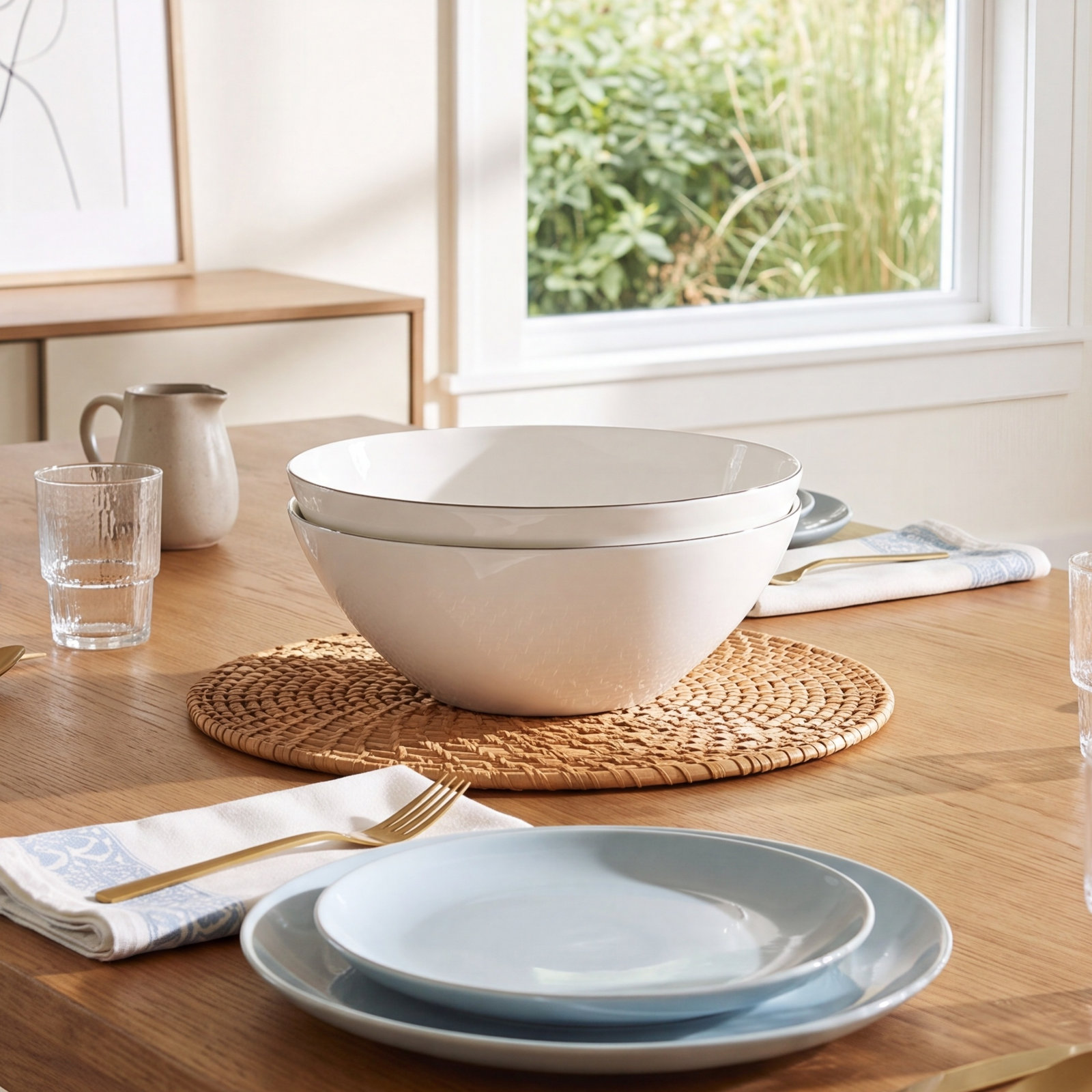Abbesses Porcelain Serving Bowl, White/Gray Rim