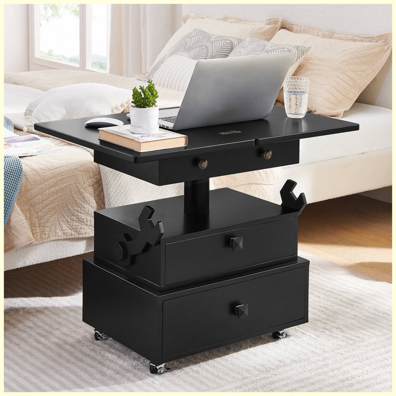 Table de bout roulante à hauteur ajustable laquée ultrabrillante, table à plateau relevable multifonctionnelle avec station de charge, tiroirs de rangement et roues verrouillables pour le salon, la chambre à coucher et le bureau
