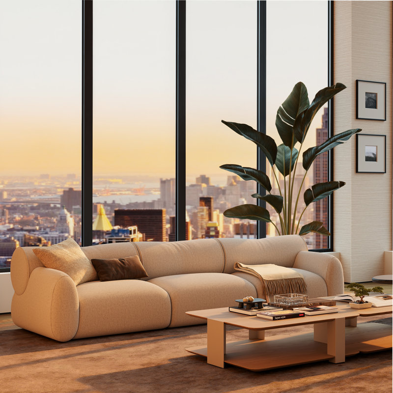 Pebble 125" Deep Seat Upholstered Sectional, High-Resilience Foam Curved Arm Italian Modern Sofa, Seats 3 for Living Room