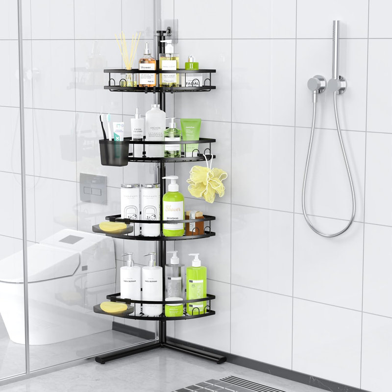 Étagère de salle de bain sur pied à 4 niveaux avec étagère de rangement pour salle de bain avec crochets et pieds réglables, support de rangement robuste pour le shampooing