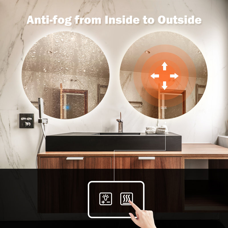 Naliyah Round Frameless Lighted Bathroom/Vanity Mirror Dimmable Anti-Fog Wall Mounted Mirror, 40" x 40"