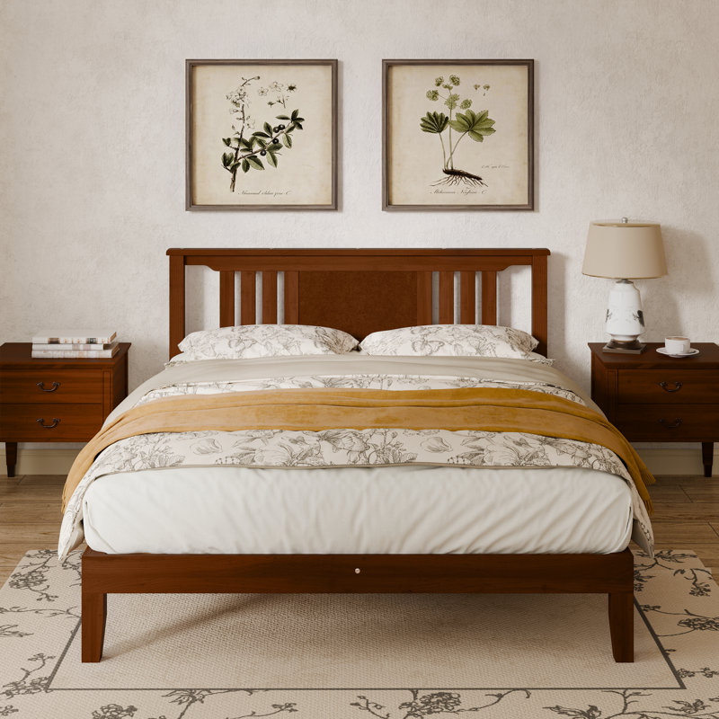 Modern Solid Wood Platform Bed Frame with Headboard, Brown, Queen