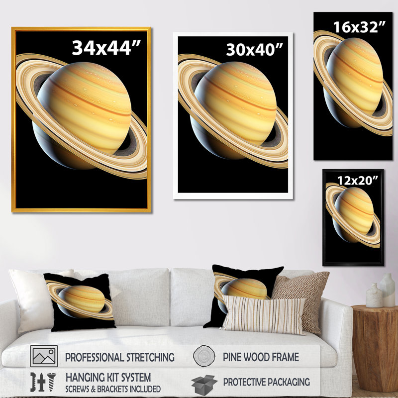 Beige et noir, planète Saturne, H 44 po x l 34 po x P 1,5 po, Cadre simple noir