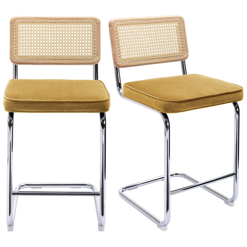 Tabouret de bar 26 po Marlow, 2, Velours jaune moutarde / structure chromée, Hauteur du siège de 26 po