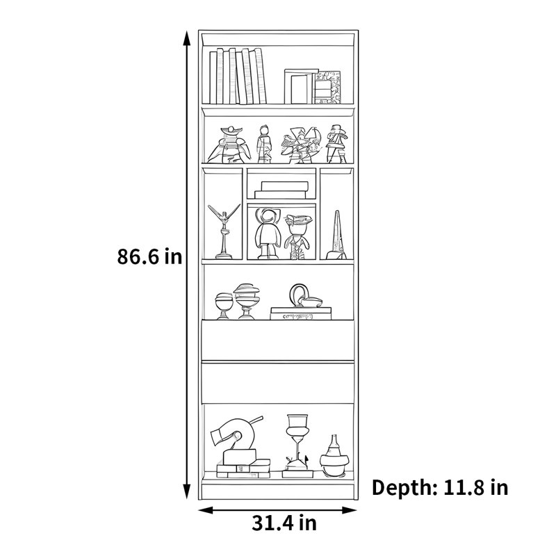 Forster, (6 Shelves) 86.6"H x 31.4"W x 11.8"D, Black/Gray