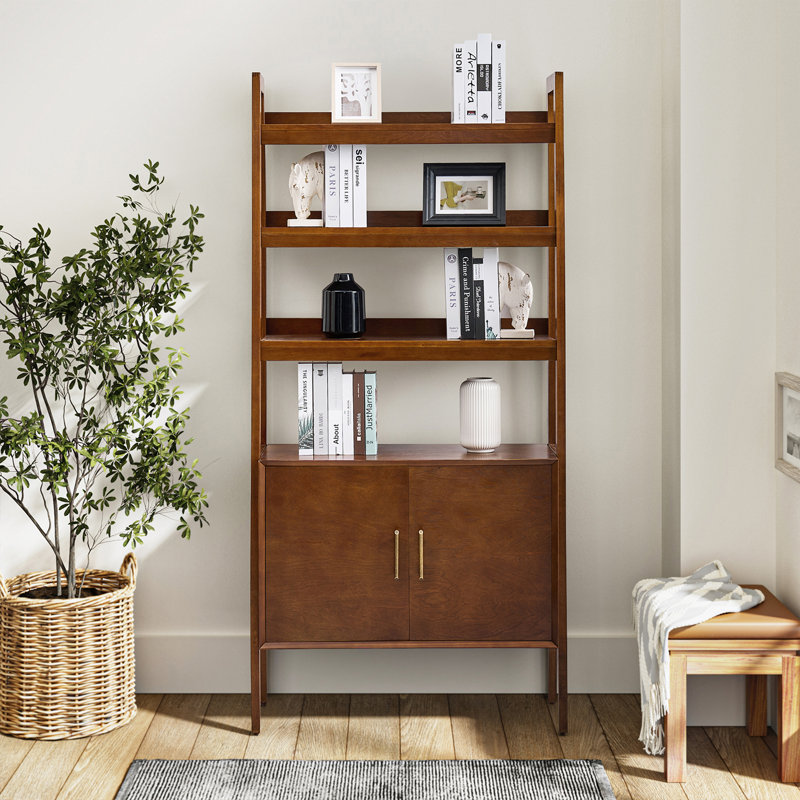 Angelith 36"W Ladder Storage Shelf Bookcase with Solid Wood Legs, Walnut