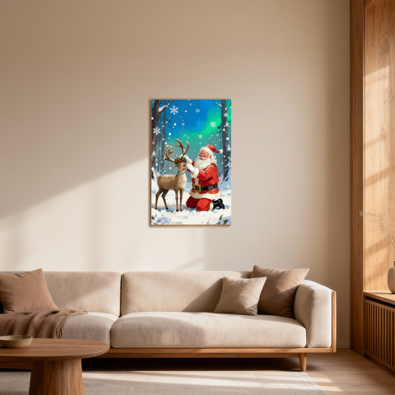 Noël père Noël avec renne dans la forêt enneigée, H 36 po x l 24 po