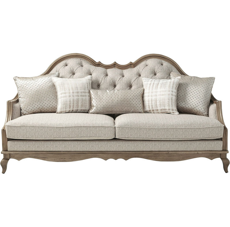 Canapé en bois massif de 86 pouces, recouvert de tissu brun et beige, avec coussins décoratifs