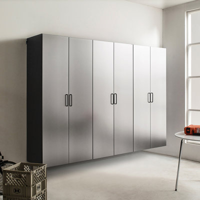 Garage Cabinet D (3), 96 In. Width, 79 Height, Contemporary, Metallic Grey Look, Components, Water And Heat Resistance, 2X Edge Thickness, E0-Grade Board, Shelf System, Heavy-Duty Metal Structure