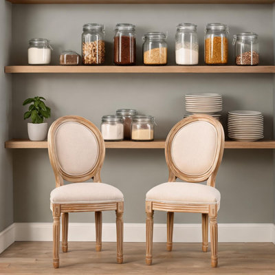 Ensemble de 2 chaises d'appoint à dossier ovale avec accoudoirs, structure en bois massif, revêtement en mélange de lin beige doux, style maison de campagne française