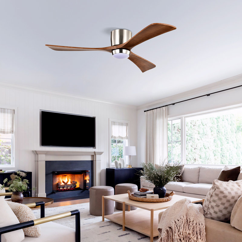 Ventilateur de plafond moderne en bois massif de 52 po à 3 pales avec télécommande et ensemble d'éclairage, Nickel, Bois brun