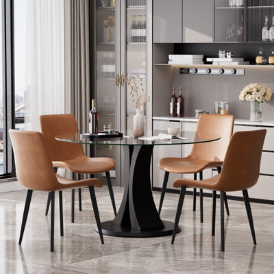 Ensemble de salle à manger moderne à piédestal rond en verre avec cuirs en polyuréthane pour 4 à 6 personnes