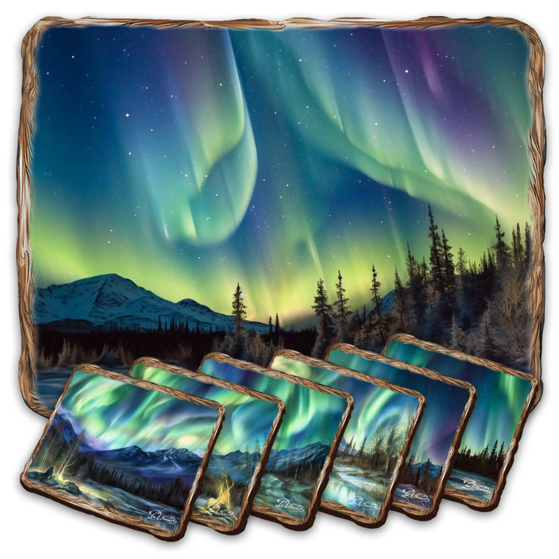 Ensemble de napperons et sous-verres en bois Nothern Lights