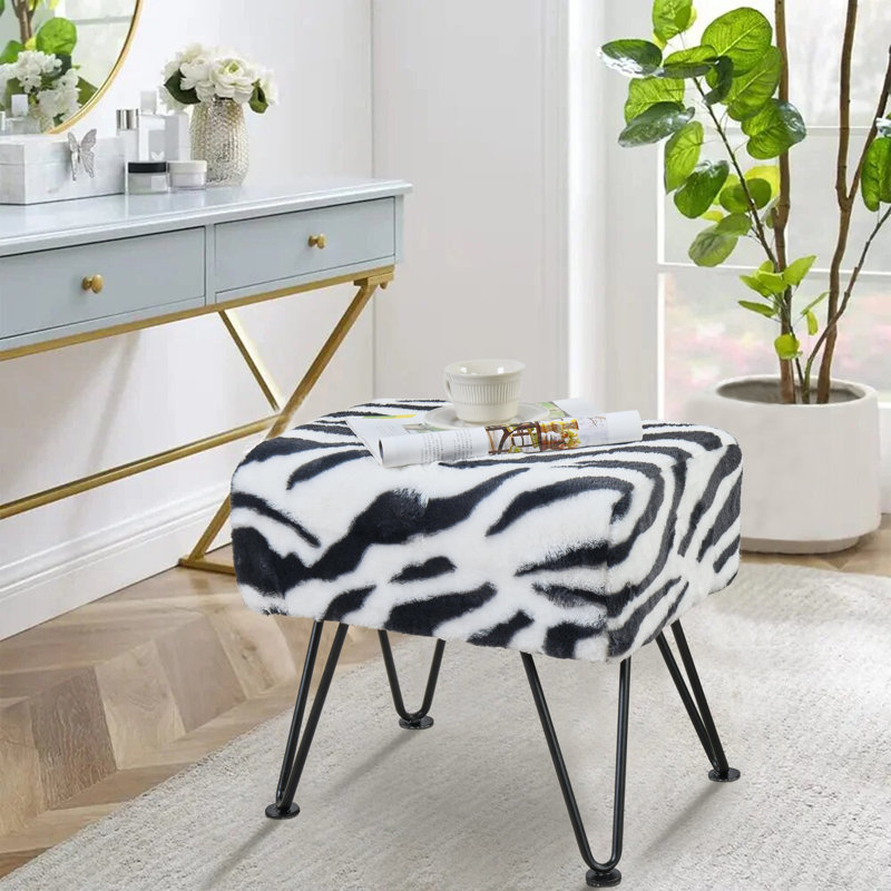 Upholstered Ottoman, Black/White Faux Fur