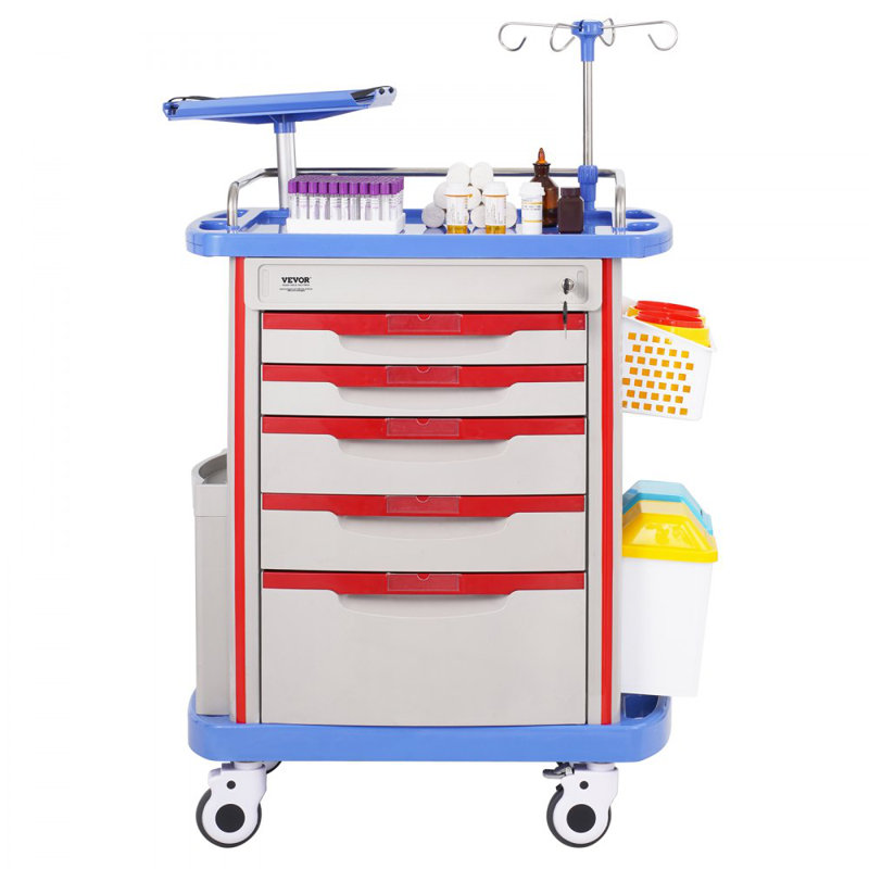 5 Tiers Lab Carts Mobile Medical Cart with 5 Drawers & 2 Trash Cans Blue, Trolley Storage Cart with PP Material