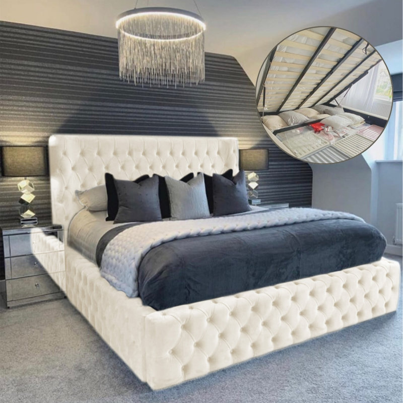 Aliyannah Upholstered Ottoman Storage Bed, Double (4'6), Cream