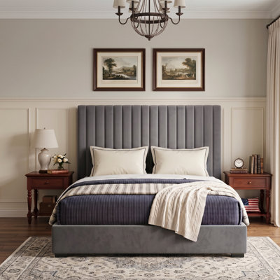 Extra Tall Channel Tufted Upholstered Bed, King, Grey Velvet