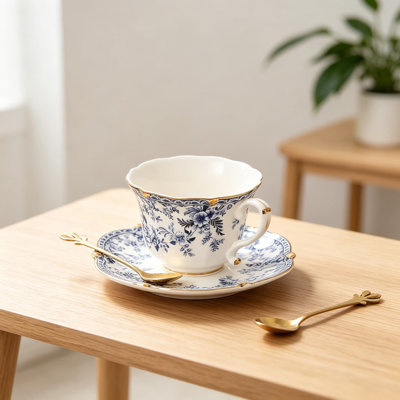 Country Roses Bone China Tea Cup and Saucer Set, 3 Pieces Vintage Floral Tea Set for Women and Tea Parties, Includes Teacup, Saucer and Spoon, 8.5 Ounce