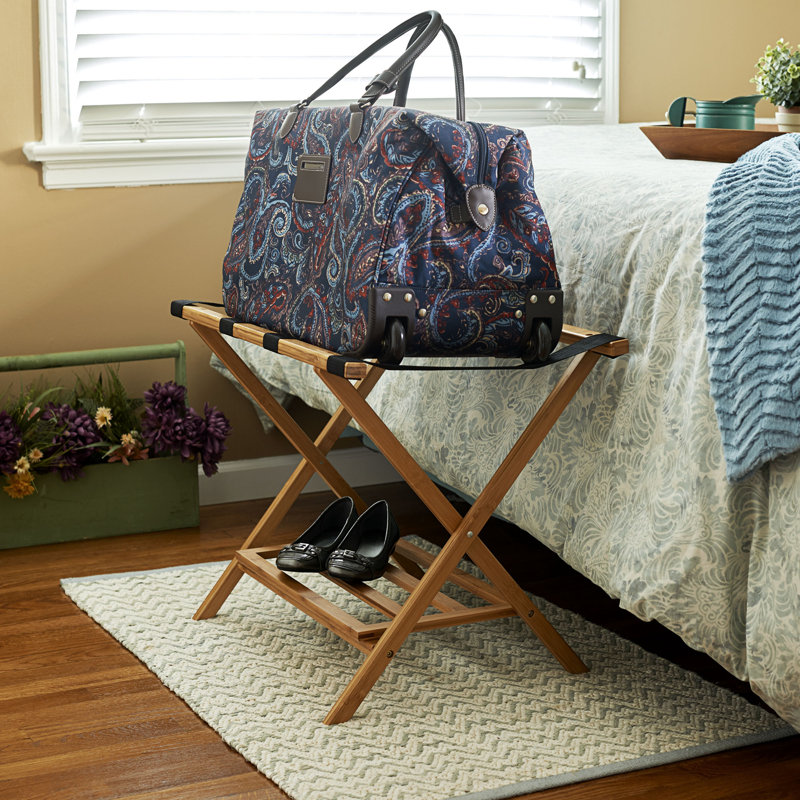 Bamboo and Black Strap Luggage Rack with Lower Shelf