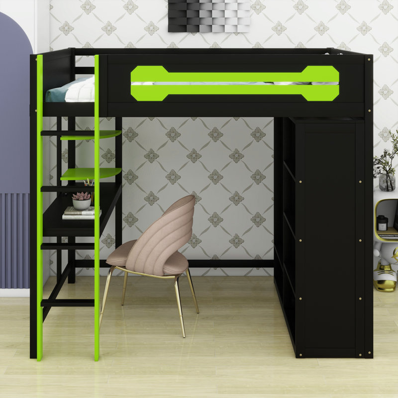 Structure de lit contemporaine avec bureau et garde-robe combinés, rehaussée par une atmosphère à DEL programmable, Vert